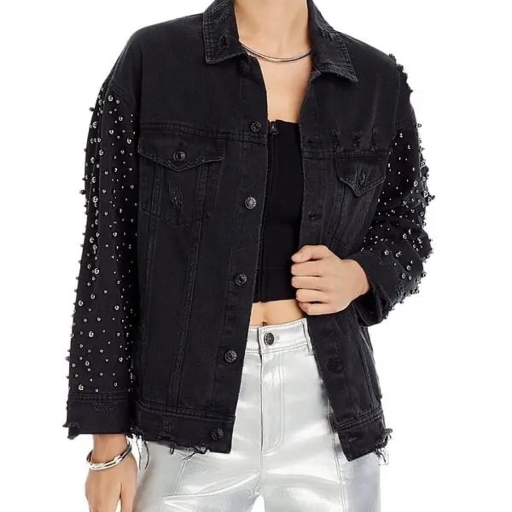 Black Studded Denim Bomber Jacket - Women